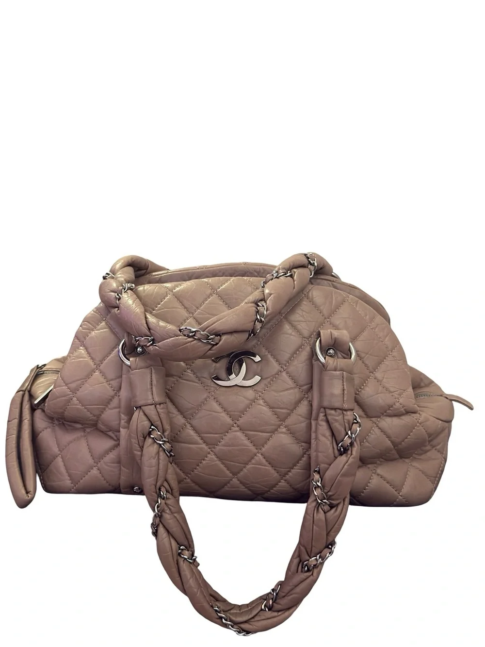 Chanel Lady Braid Bowler Bag Distressed Lambskin Taupe Quilted Satchel 13”